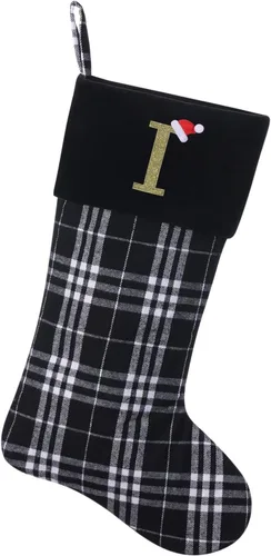 Miniatura 9 de Calcetines de Navidad personalizados con monograma inicial, adornos colgantes, medias clásicas de cuadros negros de 19 pulgadas, decoraciones