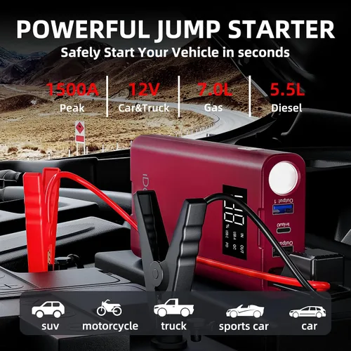 Miniatura 2 de IDEAPLAY Arrancador de Batería, Arrancador de Batería de Coche Portátil de 1500A para Motor de Gasolina de hasta 7.0L y Diésel de 5.5L, Arrancador