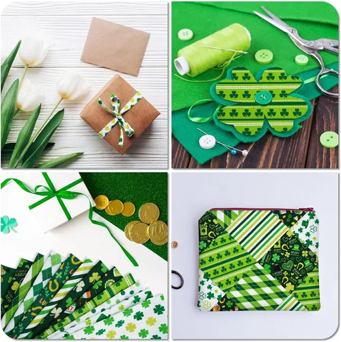 Miniatura 6 de Whaline Paquete de 12 piezas de tela de algodón para el Día de San Patricio de 10 x 10 pulgadas, tela estampada con trébol verde cuadrado, trébol