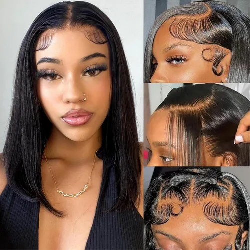 Miniatura 17 de Peluca de cabello humano sin pegamento, predepilada, precortada, recta, corta con encaje frontal para mujer, 4x4, cierre de encaje HD, peluca