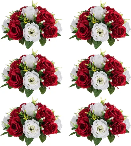 Miniatura 37 de NUPTIO Centros de mesa de flores blancas para mesas: 6 piezas de arreglo de bolas de flores artificiales para fiesta de boda, rosa floral falsa