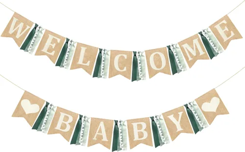 Miniatura 8 de Kit de decoración de fiesta de baby shower, pancarta de arpillera de corazón de bebé con flores de tejido verde salvia, pompones, fieltro, remolino
