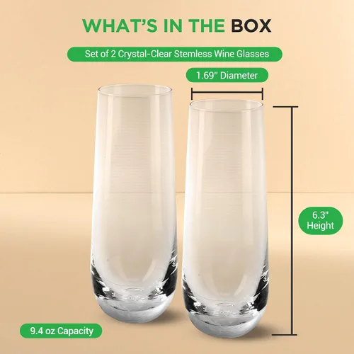Miniatura 7 de NutriChef Juego de 2 copas de champán sin tallo, copas de cristal de 6.4 pulgadas de alto con base gruesa y pesada, flauta de vino Prosecco, vaso
