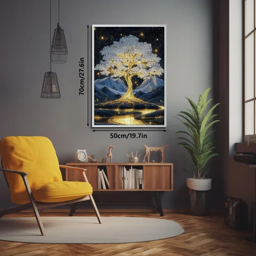 Miniatura 3 de Rompecabezas de árbol de la vida dorado para adultos de 1000 piezas, rompecabezas de paisaje de árbol brillante de fantasía con montañas de cielo