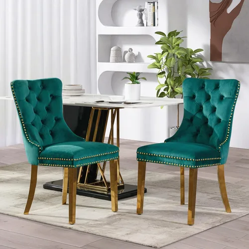 Miniatura 15 de SoarFlash Juego de 2 sillas de comedor de tela de lino, sillas de comedor tapizadas con ribete de cabeza de clavo y patas de madera de color claro