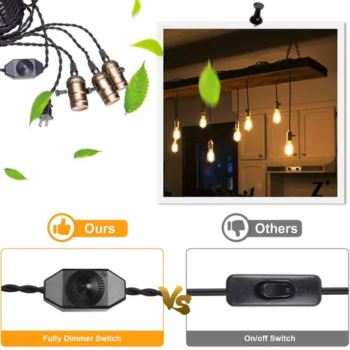 Miniatura 4 de Kit de luz colgante vintage con interruptor de atenuación y triple E26/E27 soporte de lámpara de enchufe de luz industrial de 25 pies de tela negra