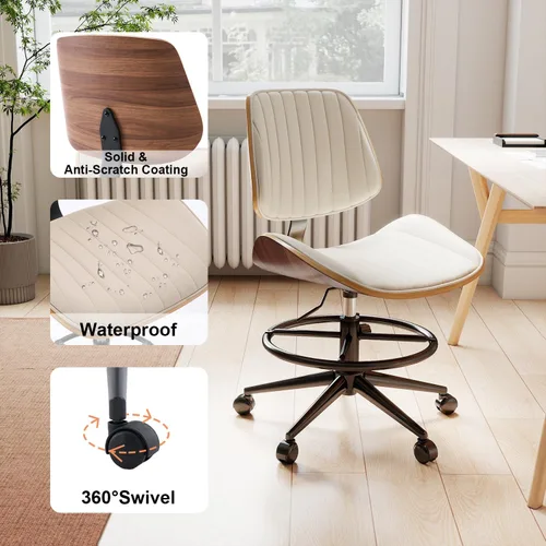 Miniatura 3 de Silla de dibujo, silla de oficina ergonómica con respaldo de madera de nogal, silla de escritorio de piel sintética sin brazos con altura ajustable