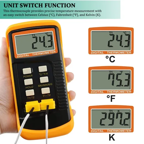Miniatura 3 de Termómetro de termopar tipo K Probador de termopar de canales dobles (-58 ~ 2372 °F) Medidor de escala Kelvin de temperatura de alta precisión