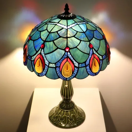 Miniatura 2 de Tiffany Lamp Stained Glass Table Lamps Sea Blue Peacock Tail Style Desk Lamp 12X12X18.5 Inch Bronze Ceramic Base Reading Light Suitable for Bedside