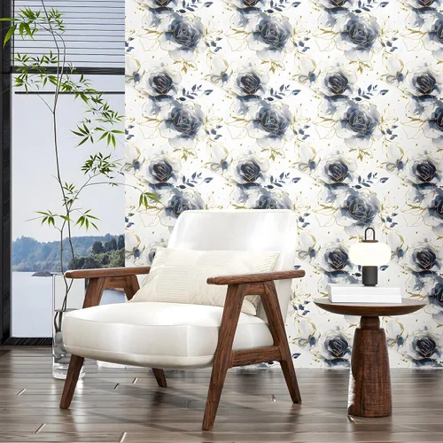 Miniatura 4 de Papel Tapiz Floral Blanco Despegar y Pegar Acuarela Azul/Dorado Flores Papel de Contacto Papel de Pared Moderno Impermeable Autoadhesivo