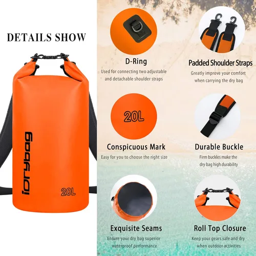 Miniatura 2 de IDRYBAG Bolsa seca para kayak impermeable 2L/5L/10L/15L/20L, pequeña bolsa impermeable para navegación Naranja