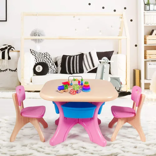 Miniatura 8 de Honey Joy Juego de mesa y silla para niños, mesa de actividades de plástico para niños y 2 sillas con contenedores de almacenamiento, juego de Rosa