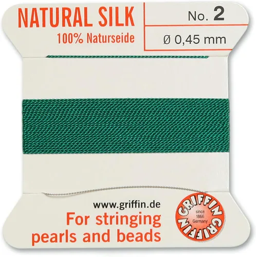 Griffin Cordón de Seda para Cuentas Perlseide – Color Verde – Tamaño 2 (0.45mm) – 2 Metros por Tarjeta – Con Aguja de Acero Inoxidable Adjunta –
