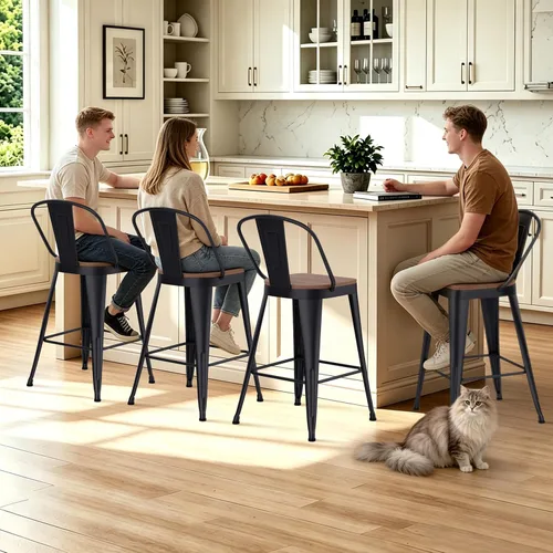Miniatura 7 de Juego de 4 taburetes de bar de altura de mostrador para isla de cocina, estilo granja, sillas de bar de metal con respaldo alto, asiento de madera