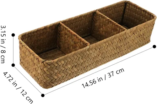 Miniatura 3 de FOMIYES Caja de almacenamiento de mimbre con 3 compartimentos, organizador de escritorio rectangular para almacenamiento en el hogar y lavandería