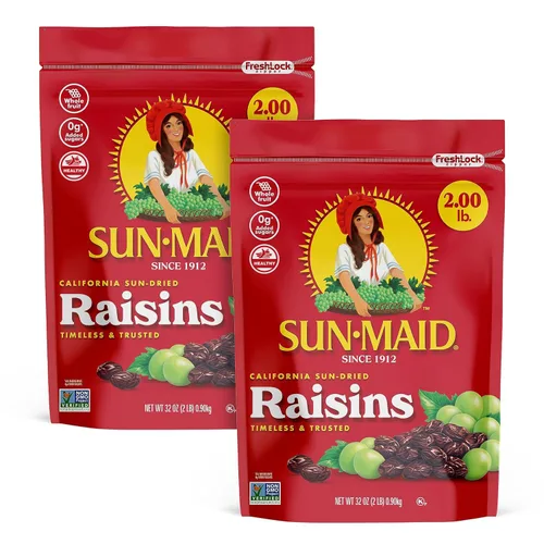 Sun-Maid California Sun-Dried Raisins - Paquete de 2 bolsas resellables de 32 onzas, aperitivo de frutas secas para almuerzos, aperitivos y