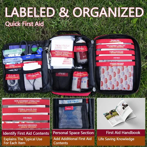 Miniatura 2 de Kit de primeros auxilios, kit profesional de primeros auxilios para trauma con compartimentos etiquetados, sistema Molle para coche, senderismo