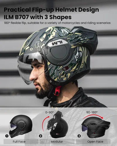 Miniatura 2 de ILM Casco modular de motocicleta vintage de cara completa para adultos y hombres, ATV UTV con protector de barbilla reversible de 180° DOT