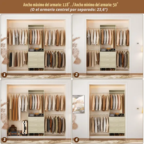 Miniatura 6 de Aheaplus Sistema de Armario, Organizador de Armario con 3 Cajones de Madera, Sistema Organizador de Armario, Armario Vestidor Walk-in con Perchero
