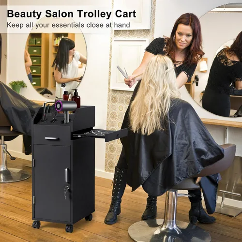 Miniatura 2 de Winado Carrito de almacenamiento de peluquería con ruedas y 3 soportes para secador de pelo, 4 cajones y cerradura y 2 llaves, estación de Negro