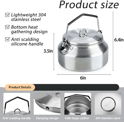 Miniatura 2 de Hervidor de agua hirviendo de acero inoxidable de 1 litro, tetera portátil y ligera de calentamiento rápido, ideal para senderismo, picnic, viajes