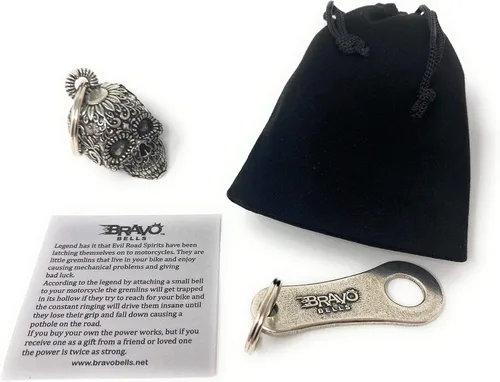 Miniatura 2 de Bravo Bells Campana de motociclista con calavera de azúcar 3D con colgador de campana, accesorio de campana de motociclista o llavero