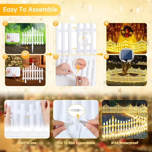 Miniatura 5 de Hopolon Paquete de 4 luces solares de jardín al aire libre, 11.1 pulgadas de alto x 4.6 pies de largo, 144 luces LED blancas para valla de estacas