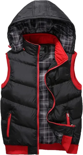 Miniatura 48 de WENKOMG1 Chaleco con capucha con doble cremallera para hombre, abrigo de color sólido, abrigo cálido y grueso, sin mangas, chaqueta suelta