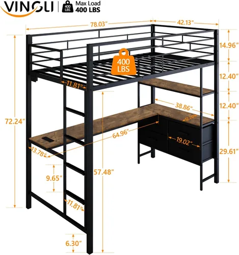 Miniatura 3 de VINGLI Base de cama individual de metal con barandilla de seguridad de 15 pulgadas, escalera antideslizante, 2 estaciones de carga, escritorio