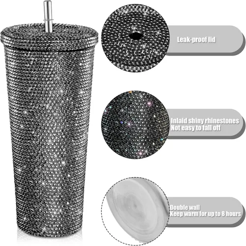 Miniatura 6 de Vaso térmico con diamantes de imitación con tapa, reutilizable, aislado, de acero inoxidable de alta calidad, botella de agua estética de primera