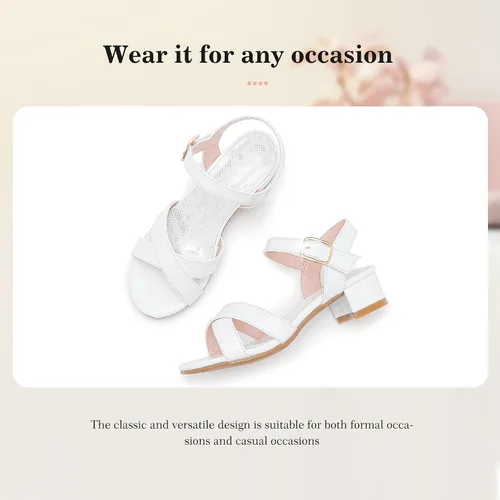 Miniatura 6 de Sandalias para niñas, tacones para niños, puntera abierta, correa al tobillo, zapatos de vestir, flores para boda, fiesta para niños pequeños