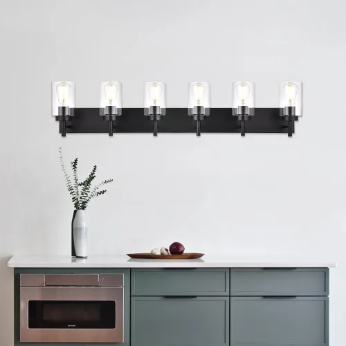 Miniatura 2 de Juego de luz de tocador de baño de 6 luces, lámpara de pared moderna negra con pantalla de vidrio transparente, apliques industriales, lámpara Negro