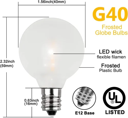 Abeja bombillas LED G40 mate, bombillas LED de plástico irrompible de 0,6 W, bombillas LED de globo mate para base de candelabro C7/E12, para