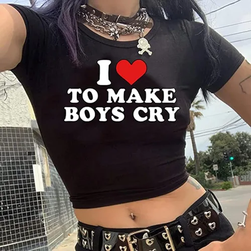 Miniatura 3 de Kavousa Camiseta corta con texto en inglés "I Love My Boyfriend" de manga larga Y2K, camiseta de gran tamaño para mujeres, adolescentes y niñas