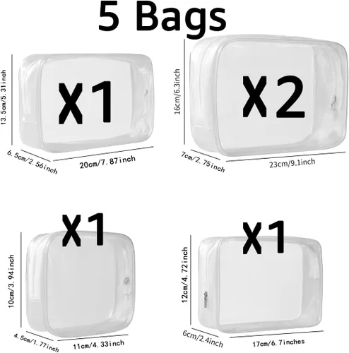 Miniatura 2 de Paquete de 5 bolsas de aseo de plástico transparente con cremallera aprobadas por la TSA, bolsa portátil para maquillaje y cosméticos para Blanco