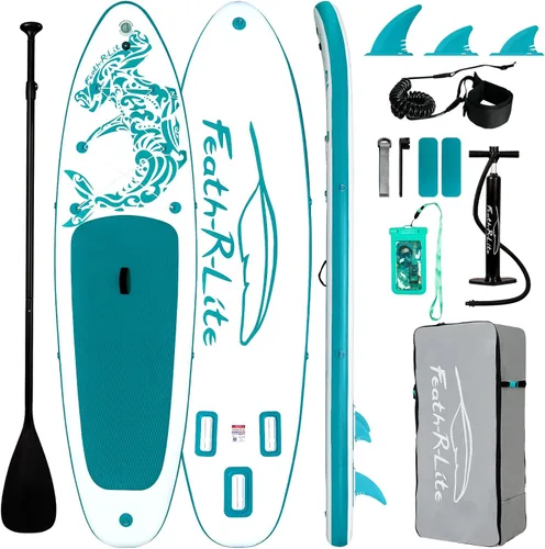 Miniatura 13 de FEATH-R-LITE Tabla de remo inflable para adultos SUP con bomba de accesorios premium, pala ajustable, correa, tres aletas, mochila