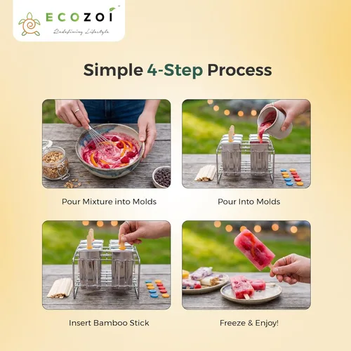 Miniatura 5 de Ecozoi Moldes y Estante de Acero Inoxidable para Paletas – 6 Moldeadores de Paletas de Hielo Cuadradas + 30 Palos de Bambú Reutilizables + 12 Sellos