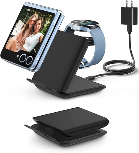 Cargador inalámbrico rápido para Samsung Z Flip - Estación de carga de viaje plegable 2 en 1, compatible con Samsung Galaxy Z Flip 7/6/5/4 Series y