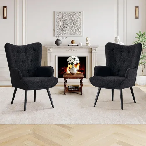 Miniatura 11 de Furniliving Silla de Acento de Terciopelo para Sala de Estar, Silla de Lectura Tapizada con Respaldo Alto, Sillón de Respaldo Alado con Botones Negro