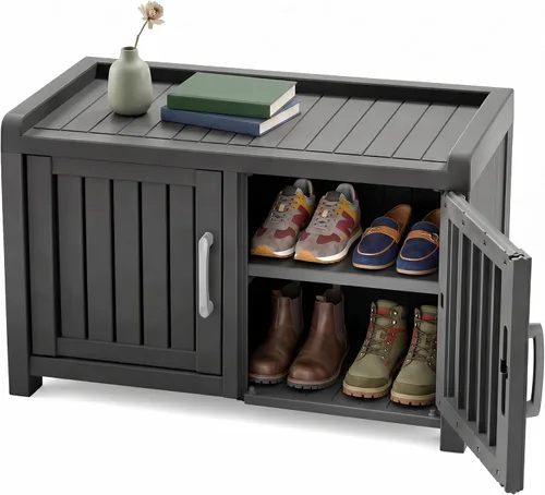 Miniatura 10 de ROJIK Gabinete de zapatos resistente al agua y a los rayos UV, banco de almacenamiento para interior y exterior con estantes ajustables