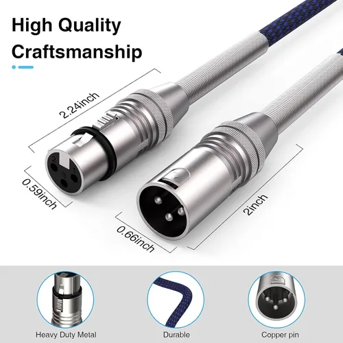 Miniatura 6 de Cable XLR de 2 pies, paquete de 10 unidades, cable de micrófono trenzado XLR macho a hembra, cable de micrófono de 3 pines, cable XLR equilibrado