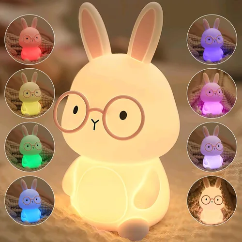 FAMIDUO Luz nocturna de conejo, lámpara de conejo para niños, luz nocturna LED recargable para regalo de Pascua, lámpara de noche de silicona con