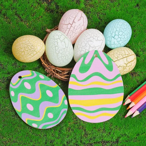Miniatura 5 de Yookat 50 piezas de huevos de Pascua de madera sin terminar rebanadas de huevos de Pascua para pintar manualidades y decoraciones (3.9 pulgadas)