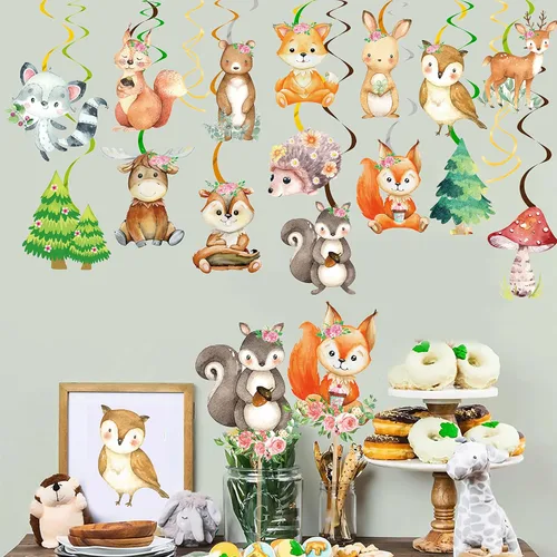 Miniatura 8 de Decoraciones de fiesta de bosque, 20 piezas de animales del bosque, remolinos colgantes, animales del bosque, decoraciones de techo para decoración