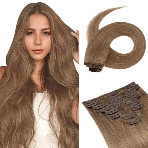 Benehair Extensiones de cabello humano real con clip, 20 pulgadas, largo, lacio, Remy natural, cabeza completa, 8 piezas, 18 clips, extensiones de