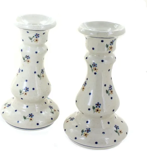 Par de candelabros de cerámica polaca de rosa azul