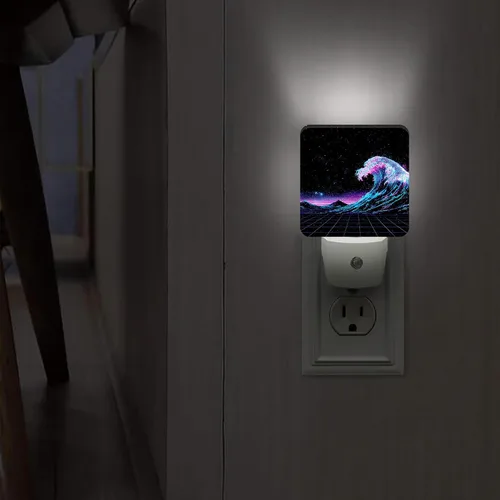 Miniatura 6 de Waves Night Lights Plug Into Wall, Retro Futuristic Stars Mountains Summer Blue Smart Led Plug in Night Lights for Wall Socket for Bedroom Kids Room