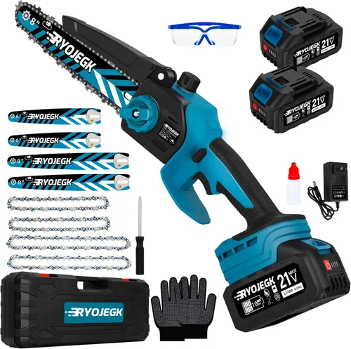 RYOJEGK Mini motosierra sin escobillas de 8 y 6 pulgadas, 2 x 4.0 Ah de instalación sin herramientas, pequeña motosierra inalámbrica con 4 guía de