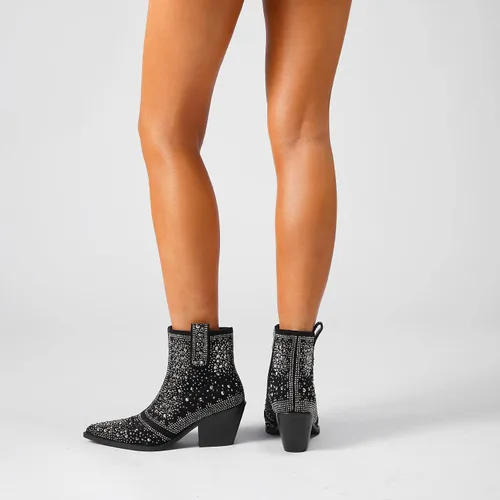 Miniatura 6 de ISNOM Botas vaqueras con diamantes de imitación, botines brillantes con punta puntiaguda y diseño de tacón grueso