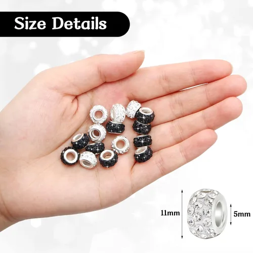 Miniatura 4 de Hicarer 200 cuentas europeas de diamantes de imitación de 0.394 pulgadas (0.433 in), cuentas espaciadoras de agujeros grandes para bricolaje blanco